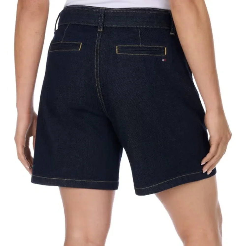 Tommy Hilfiger Womens Denim Shorts Dark Blue Tie Waist Size 14 1968103